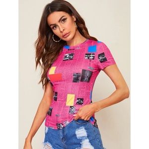 SHEIN Pop Art Print Tee Top Pink Size L